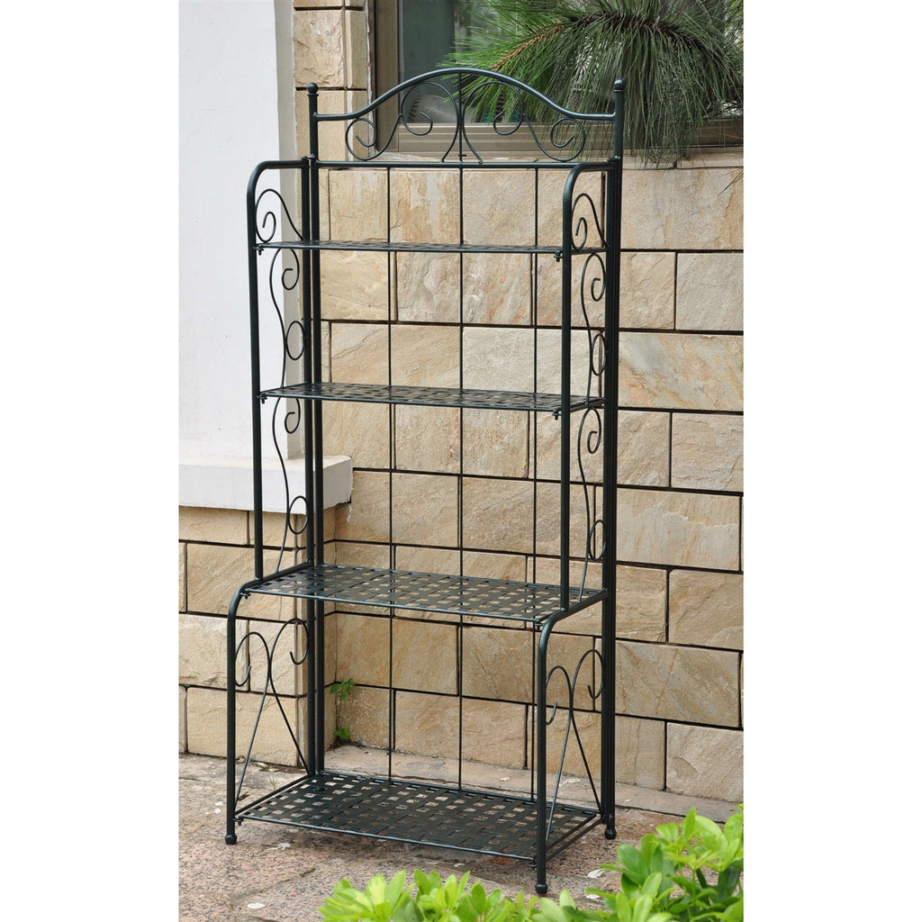 Indoor / Outdoor Folding Iron 4-Shelf Bakers Rack in Bronze with Lattice Shelves - Deals Kiosk