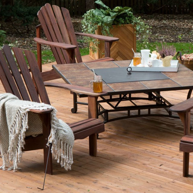 5 Piece Dark Amber Deluxe Adirondack Chair Natural Wood Burning Fire Pit Chat Set - Deals Kiosk