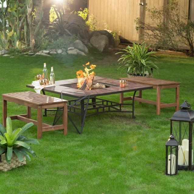 3 Piece Natural Wood Burning Backless Benches Fire Pit Table Set - Deals Kiosk