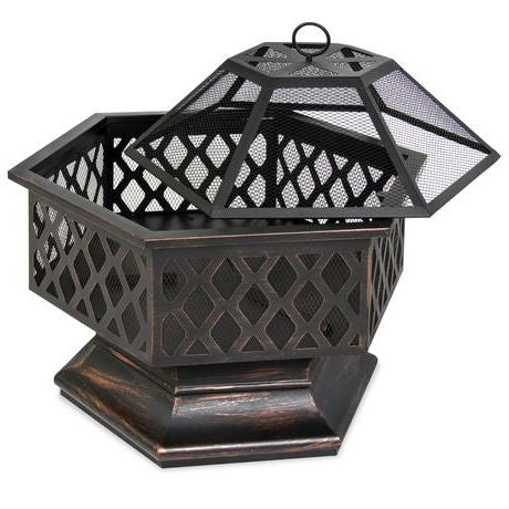 24 Inch Steel Distressed Bronze Lattice Design Fire Pit With Cover - Deals Kiosk