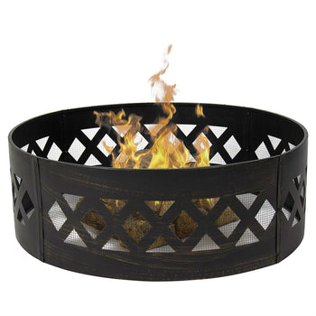 Heavy Duty 37-inch Black Steel Fire Pit Ring Crossweave with Spark Screen