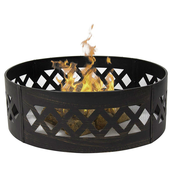 Heavy Duty 37-inch Black Steel Fire Pit Ring Crossweave with Spark Screen