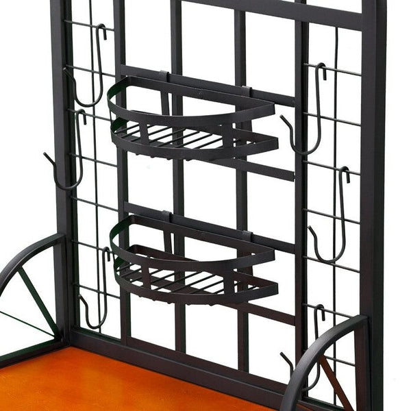 Farmhouse 3 Tier Steel Wood Top Utility Hooks Kitchen Baker's Wine Rack - Deals Kiosk