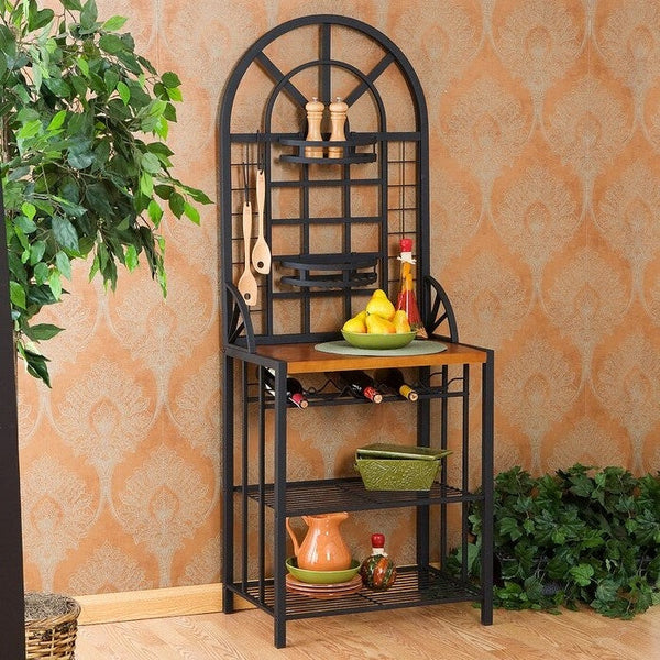Farmhouse 3 Tier Steel Wood Top Utility Hooks Kitchen Baker's Wine Rack - Deals Kiosk
