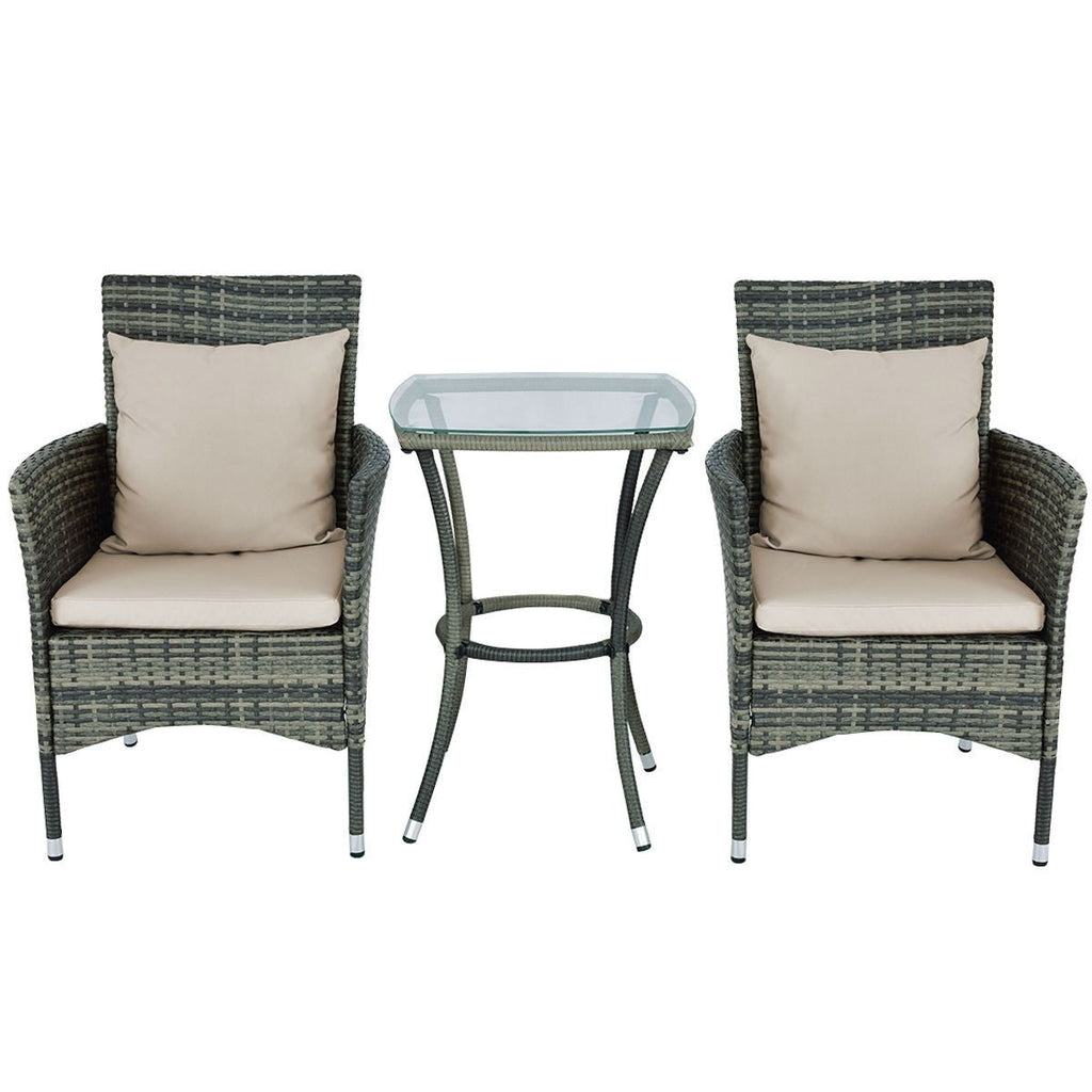 3 Piece Gray Brown Patio Rattan Chairs and Table Set with Cushions