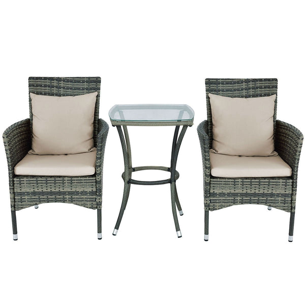 3 Piece Gray Brown Patio Rattan Chairs and Table Set with Cushions