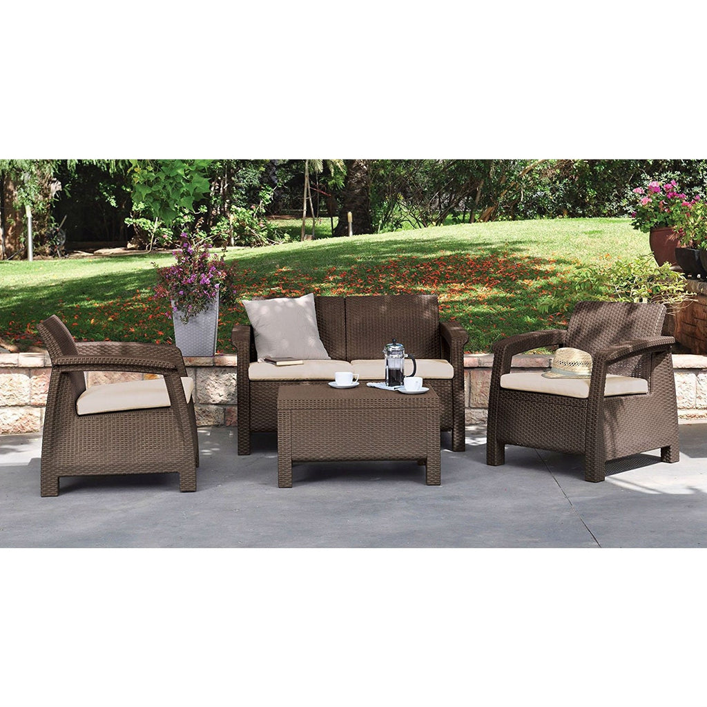 Brown Resin Wicker Patio Furniture Set with Off-White Cushions - Deals Kiosk