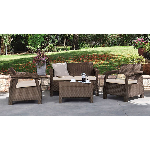 Brown Resin Wicker Patio Furniture Set with Off-White Cushions - Deals Kiosk