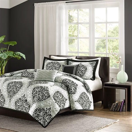 King size 5-Piece Damask White Black Comforter Set - Deals Kiosk