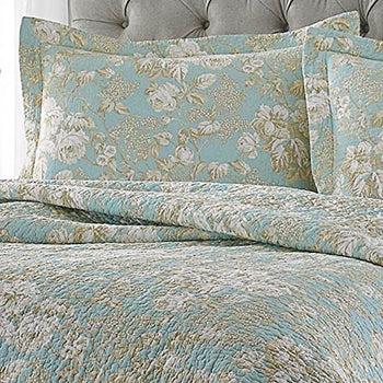 King size 3-Piece Reversible Cotton Quilt Set with Seafoam Blue Beige Floral Pattern - Deals Kiosk