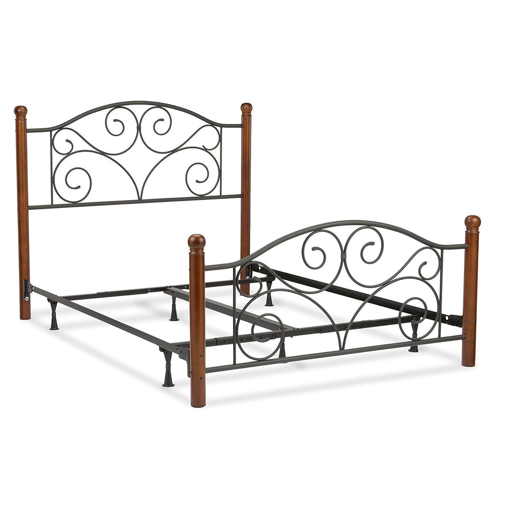 King size Complete Metal Bed Frame with Wood Post Headboard and Footboard in Matte Black Finish