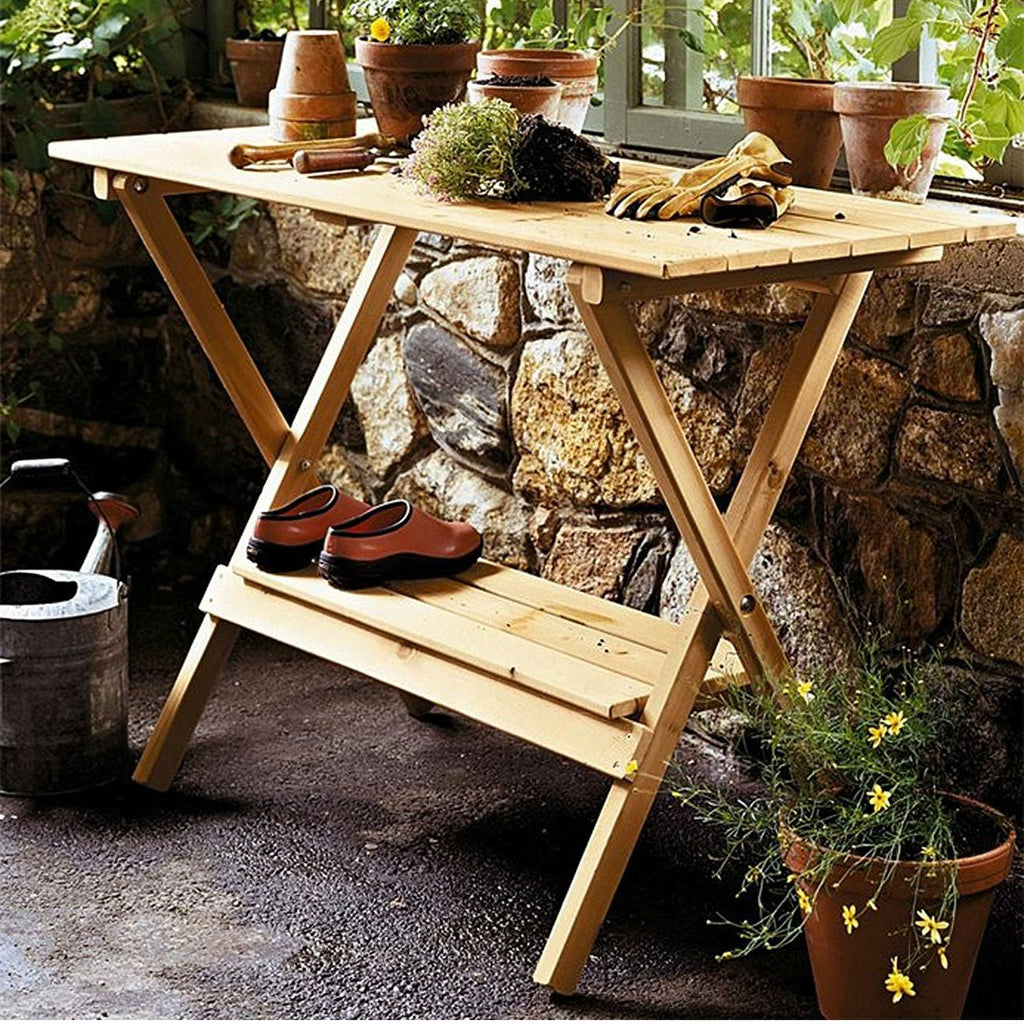 Indoor Outdoor Wood Potting Bench Garden Table with Lower Shelf - Deals Kiosk