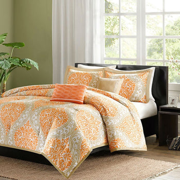 King size 5-Piece Comforter Set in Orange Damask Print - Deals Kiosk