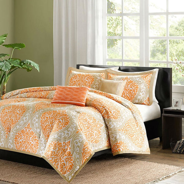 King size 5-Piece Comforter Set in Orange Damask Print - Deals Kiosk