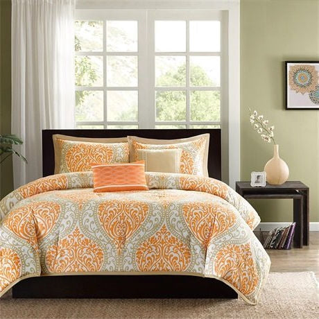 King size 5-Piece Comforter Set in Orange Damask Print - Deals Kiosk