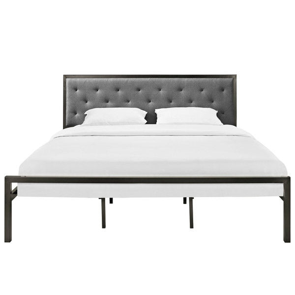 King size Modern Metal Platform Bed with Gray Button Tufted Headboard - Deals Kiosk