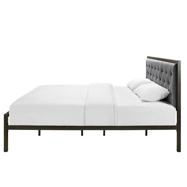 King size Modern Metal Platform Bed with Gray Button Tufted Headboard - Deals Kiosk
