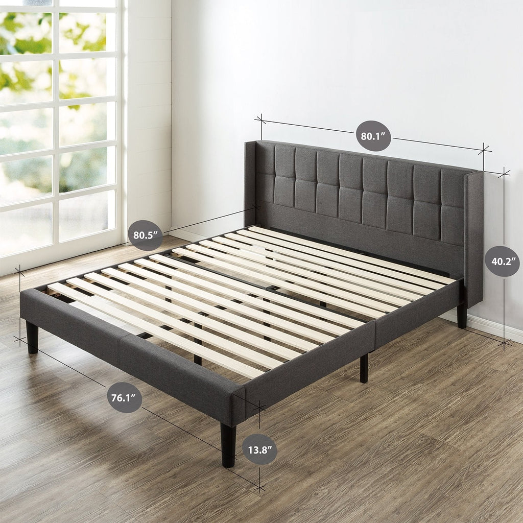 King Grey Upholstered Mid-Century Modern Platform Bed with Wingback Headboard - Deals Kiosk