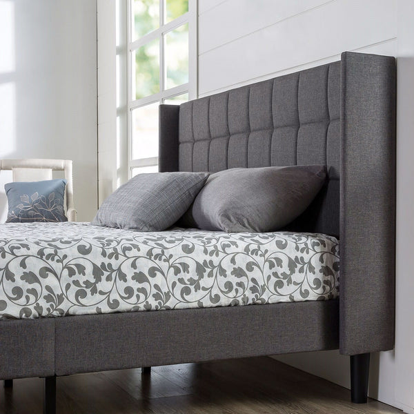 King Grey Upholstered Mid-Century Modern Platform Bed with Wingback Headboard - Deals Kiosk