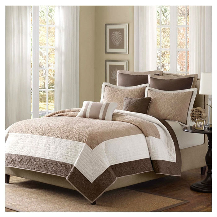 King Brown Ivory Tan Cream 7 Piece Quilt Coverlet Bedspread Set - Deals Kiosk