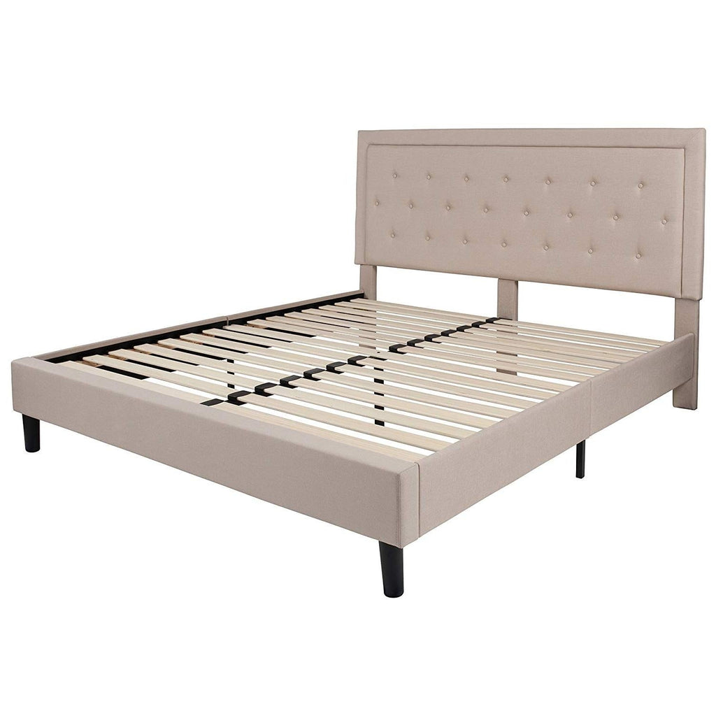 King Beige Upholstered Platform Bed Frame with Button Tufted Headboard - Deals Kiosk