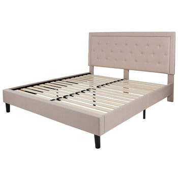 King Beige Upholstered Platform Bed Frame with Button Tufted Headboard - Deals Kiosk