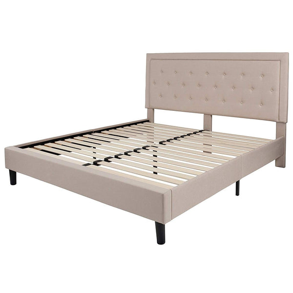 King Beige Upholstered Platform Bed Frame with Button Tufted Headboard - Deals Kiosk