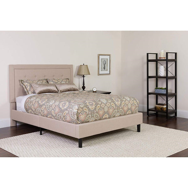 King Beige Upholstered Platform Bed Frame with Button Tufted Headboard - Deals Kiosk