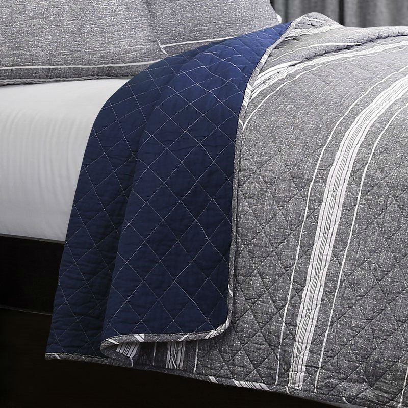 King Gray Navy Stripe Motif 100% Cotton Reversible Quilt Coverlet Bedspread Set - Deals Kiosk