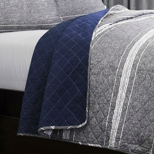 King Gray Navy Stripe Motif 100% Cotton Reversible Quilt Coverlet Bedspread Set - Deals Kiosk