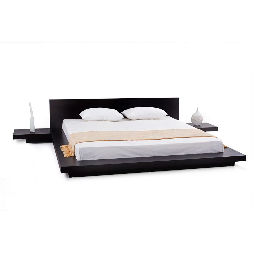 King Modern Japanese Style Platform Bed with Headboard and 2 Nightstands in Espresso - Deals Kiosk
