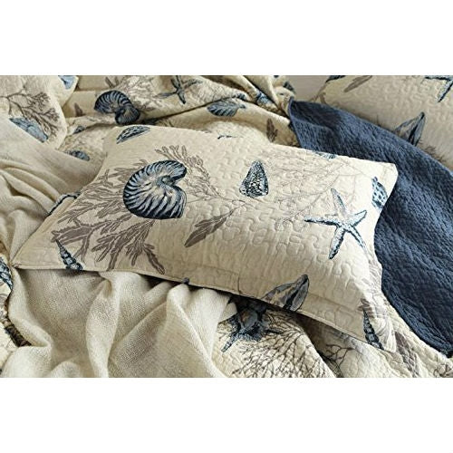 King size 3-Piece Bedspread Quilt Set in 100-Percent Cotton with Seashells Ocean Beach Nautical Pattern - Deals Kiosk
