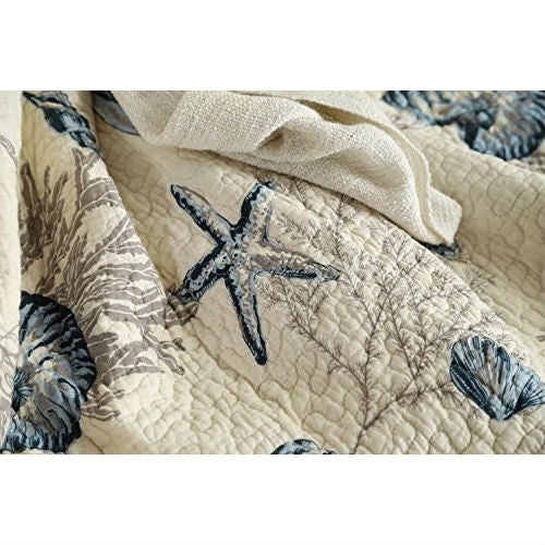King size 3-Piece Bedspread Quilt Set in 100-Percent Cotton with Seashells Ocean Beach Nautical Pattern - Deals Kiosk