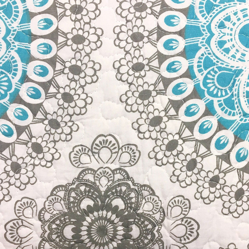 King size 3-Piece Cotton Quit Set in Aqua Blue White and Grey Floral Pattern - Deals Kiosk