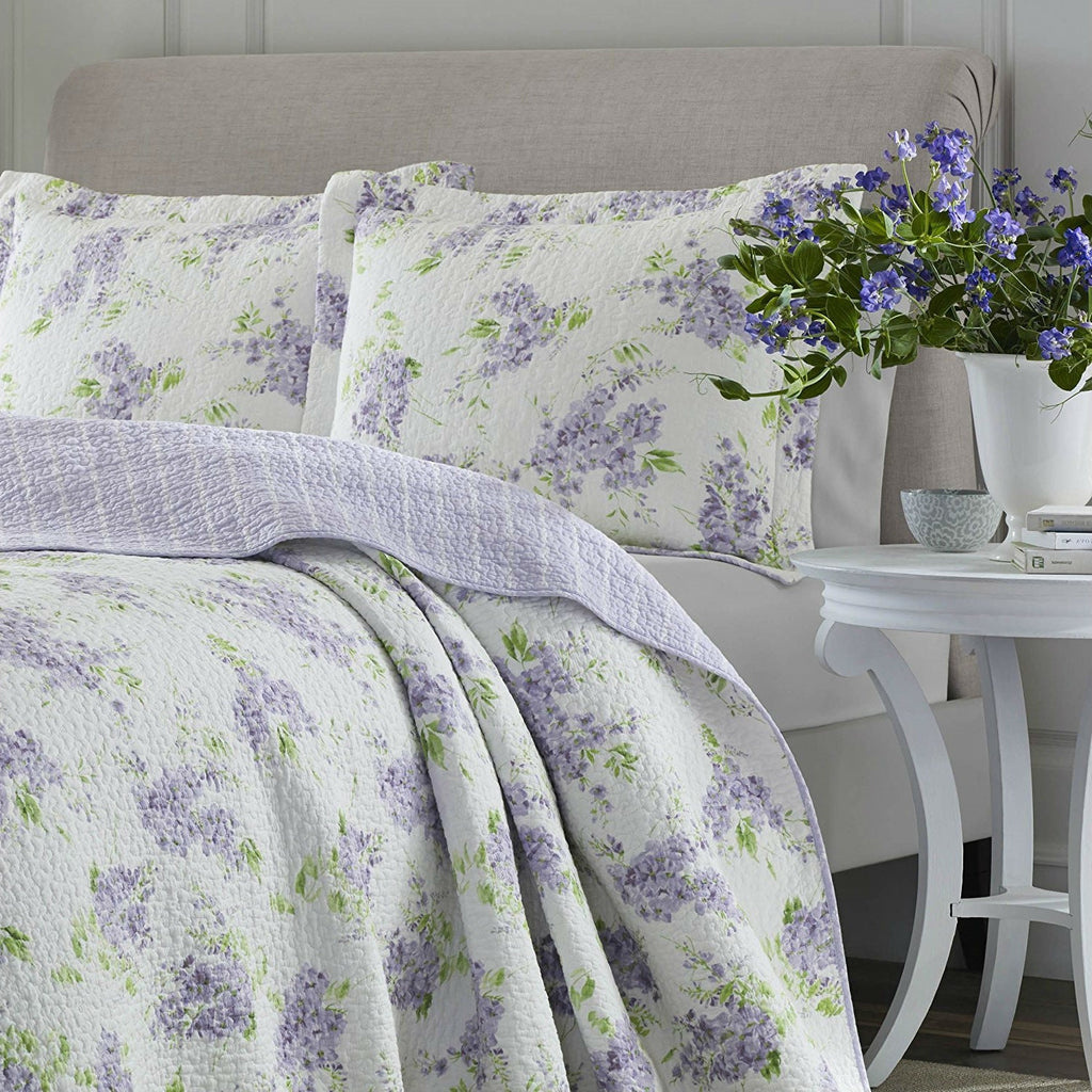 Full / Queen size 3-Piece Cotton Quilt Set with White Purple Floral Pattern - Deals Kiosk
