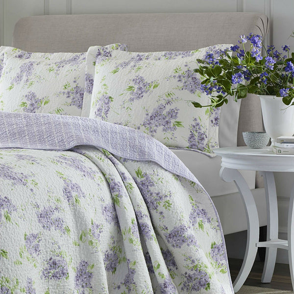 Full / Queen size 3-Piece Cotton Quilt Set with White Purple Floral Pattern - Deals Kiosk