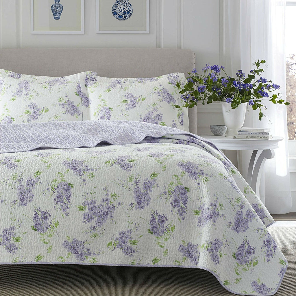 Full / Queen size 3-Piece Cotton Quilt Set with White Purple Floral Pattern - Deals Kiosk