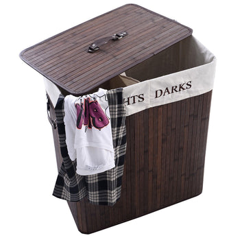 Folding 2-Bin Brown Bamboo Laundry Hamper with Handles - Deals Kiosk