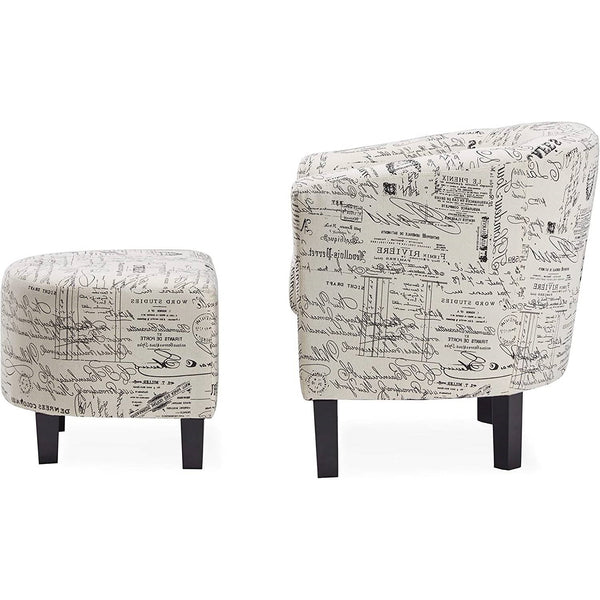 Modern Accent Chair & Ottoman with Off-White French Cursive Pattern Upholstery - Deals Kiosk
