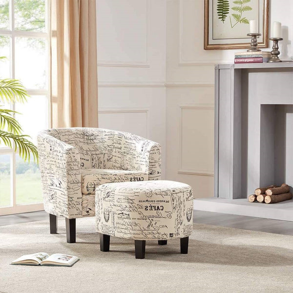 Modern Accent Chair & Ottoman with Off-White French Cursive Pattern Upholstery - Deals Kiosk
