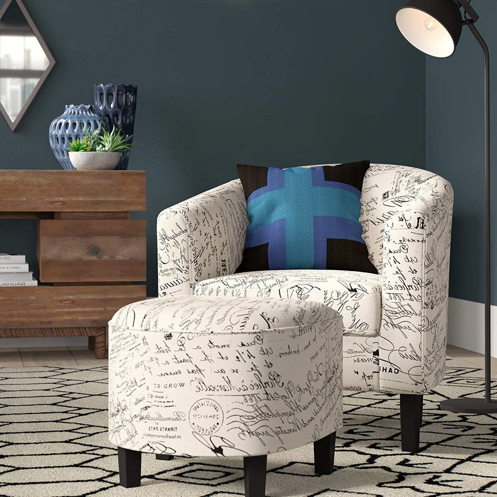 Modern Accent Chair & Ottoman with Off-White French Cursive Pattern Upholstery - Deals Kiosk