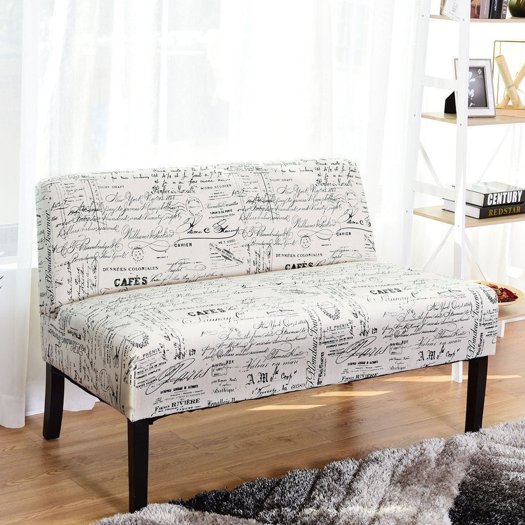 Modern Loveseat Sofa with Off-White Cursive Pattern Upholstery and Black Wood Legs - Deals Kiosk