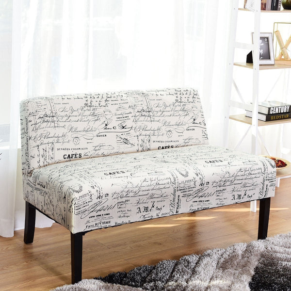 Modern Loveseat Sofa with Off-White Cursive Pattern Upholstery and Black Wood Legs - Deals Kiosk