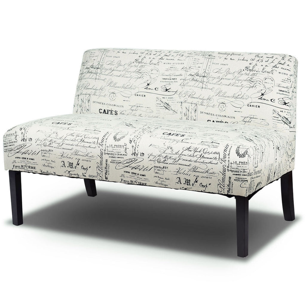 Modern Loveseat Sofa with Off-White Cursive Pattern Upholstery and Black Wood Legs - Deals Kiosk