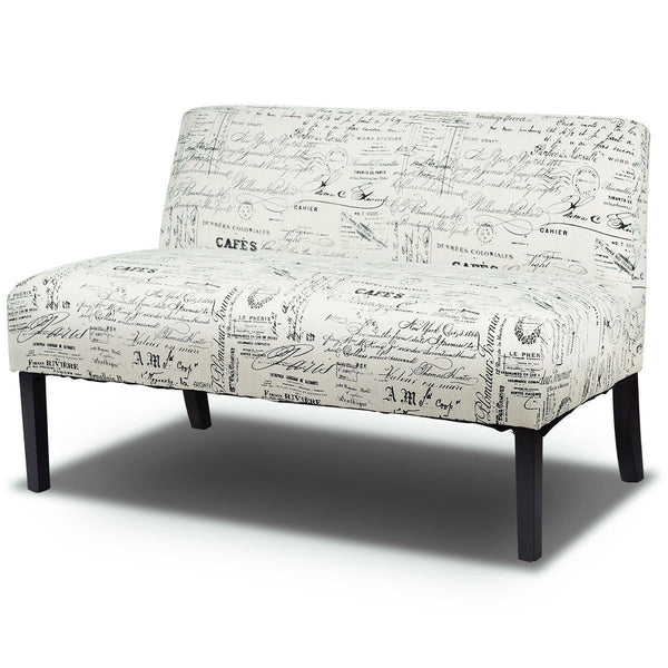 Modern Loveseat Sofa with Off-White Cursive Pattern Upholstery and Black Wood Legs - Deals Kiosk
