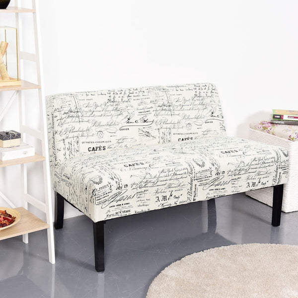 Modern Loveseat Sofa with Off-White Cursive Pattern Upholstery and Black Wood Legs - Deals Kiosk