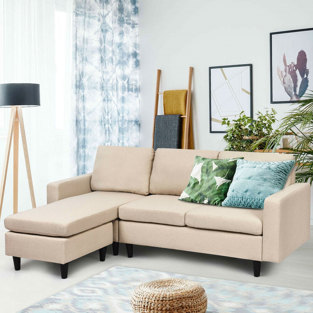 Beige L-Shaped Right or Left Facing Mid-Century Style Sectional Sofa - Deals Kiosk