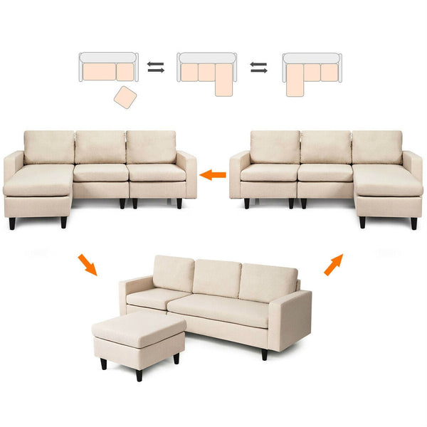 Beige L-Shaped Right or Left Facing Mid-Century Style Sectional Sofa - Deals Kiosk
