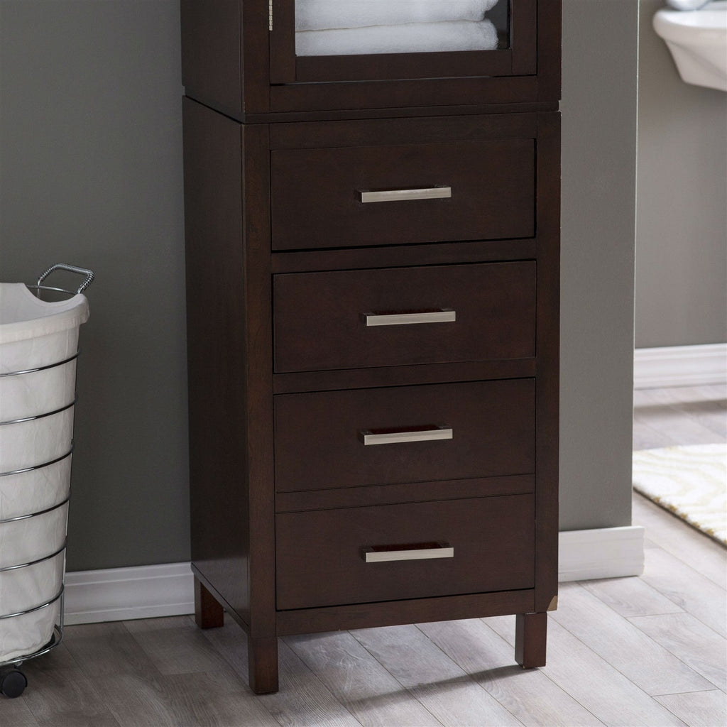 Espresso Wood Linen Tower Bathroom Storage Cabinet with Glass Paneled Door - Deals Kiosk