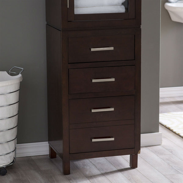 Espresso Wood Linen Tower Bathroom Storage Cabinet with Glass Paneled Door - Deals Kiosk
